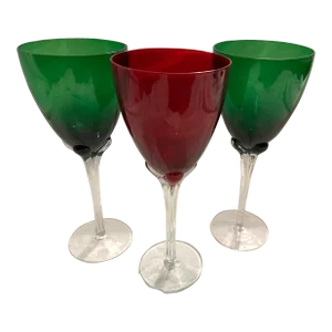 Set of 3 Hand Blown Red & Green Wine/Water Goblets