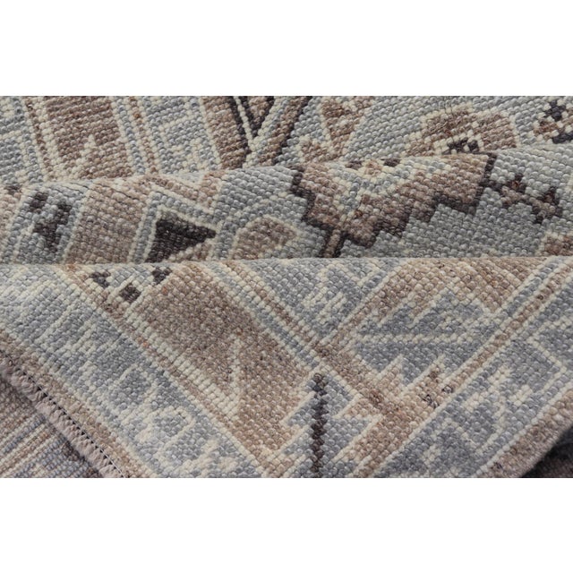 Turkish Oushak Runner With Soft Beige, Taupe, and Blue Geometric Motifs For Sale - Image 12 of 13