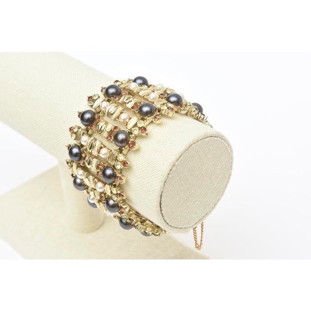 1950s Vintage Signed Francois Gold Plated Cuff Bracelet With Faux Pearls and Amber Rhinestones For Sale - Image 5 of 7