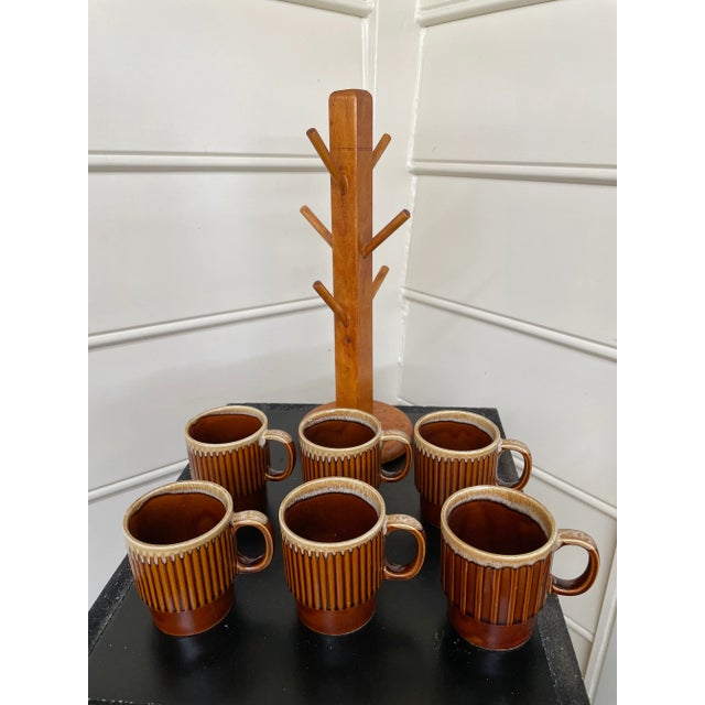 1970s 1970’s Stacking Ceramic Cups and Wood Stand - Set of 7 For Sale - Image 5 of 7