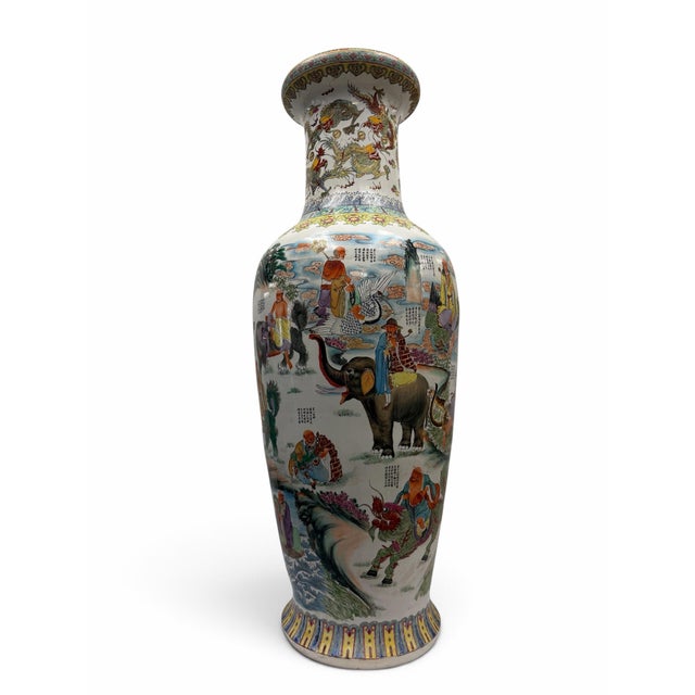 Chinoiserie Monumental 47.5" Chinese Famille Rose "18 Luohans" Porcelain Floor Vase For Sale - Image 3 of 7