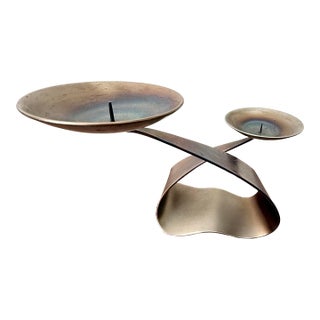 Mid Century Vintage Brutalist Ferart Artisan Candelabra Steel Taper Candle Holder MCM For Sale
