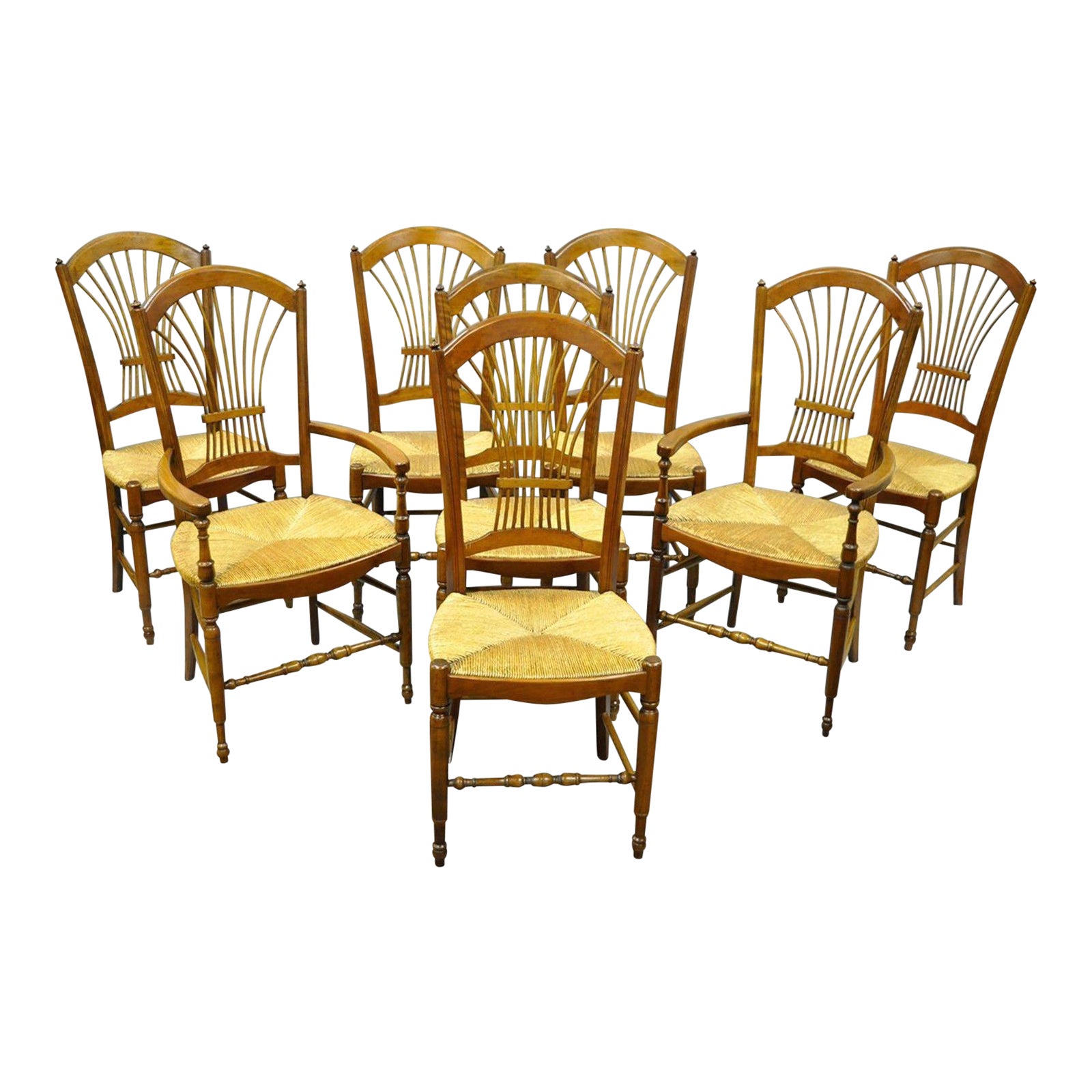 Set 8 Cherry Wood Wheat Sheaf Back Rush Seat Dining Room Chairs French