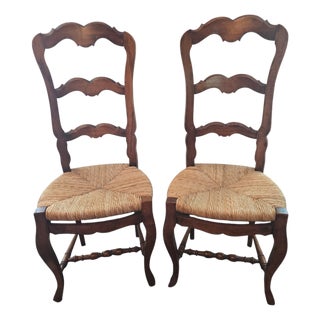 2 Vintage French Provincial Ladder Back Walnut Rush Seat Chairs For Sale