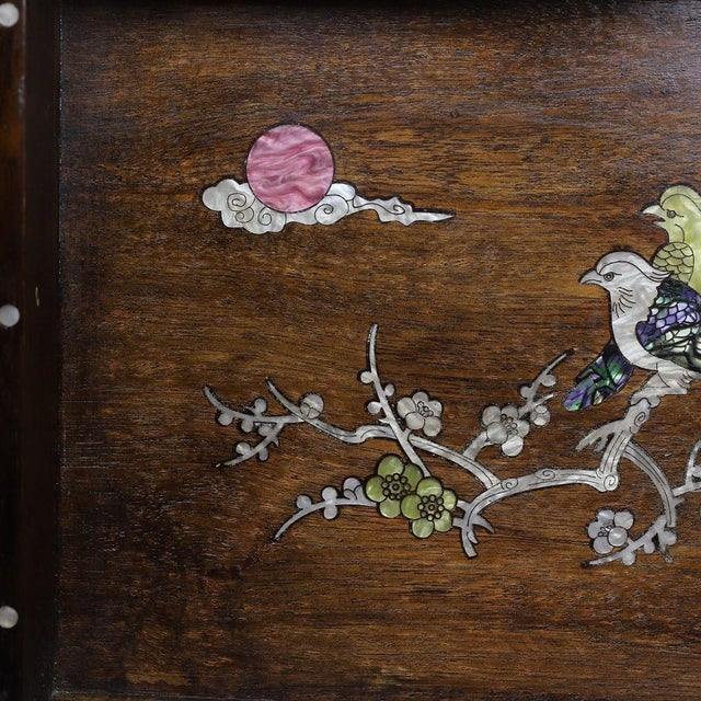 Wood Huali Wood Tray With Mother-of-Pearl Inlay “Magpies on Plum Blossom” – Handcrafted Chinese Serving & Decorative Tray For Sale - Image 7 of 10