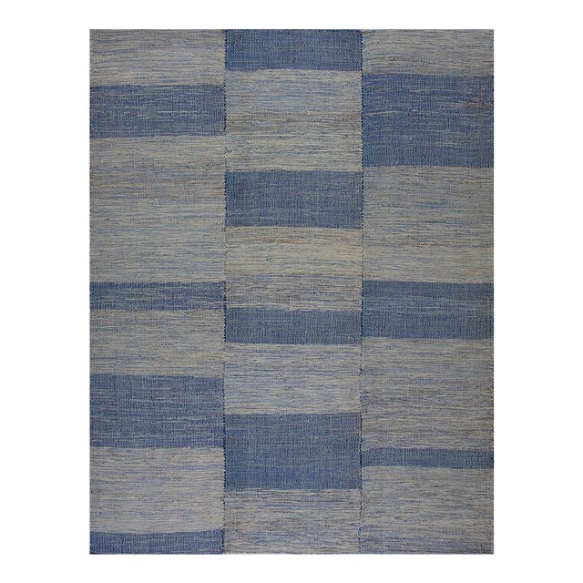 Blue Ground Color Contemporary Handwoven Wool Shaker Style FlatWeave With Stripe Desing Rug For Sale