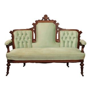 Antique 19th C. Victorian Eastlake Aesthetic Inlaid Carved Walnut Parlour Settee For Sale