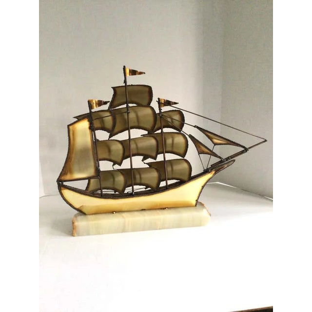 Figurative 1960s Brass Ship Sculpture on Onyx Stone Base For Sale - Image 3 of 8