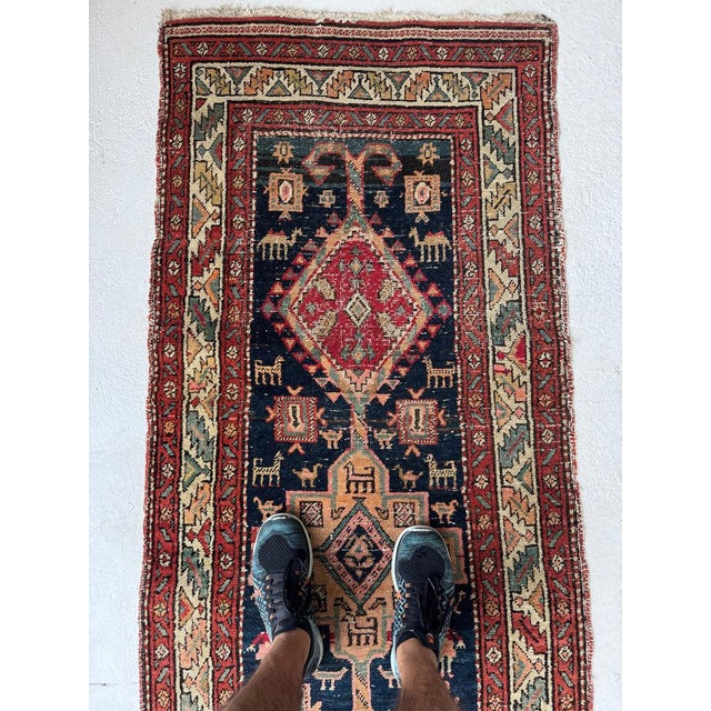 Village Life Antique Runner Indigo, Apricot, Sage, Women, Birds, Guard Dogs Rug 2.10 x 10.9 For Sale - Image 11 of 12