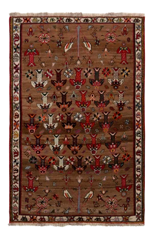 1950s Hand-Knotted Vintage Persian Gabbeh Rug in Beige-Brown and Red Geometric Pattern