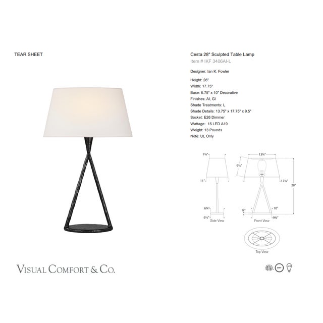 Ian K. Fowler by Visual Comfort Signature Cesta 28" Sculpted Table Lamp in Aged Iron with Linen Shade Designer: Ian K....