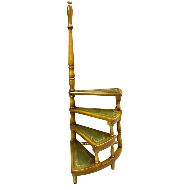 Vintage English Wood Library Spiral Step Ladder With Green Tooled Leather Tread Insets For Sale - Image 13 of 18
