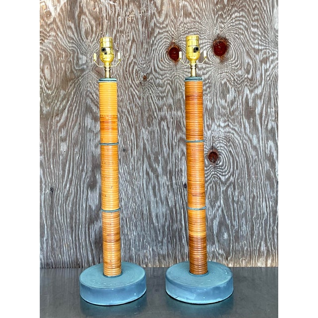 Vintage Coastal Wrapped Pencil Reed Column Lamps - a Pair For Sale - Image 4 of 10