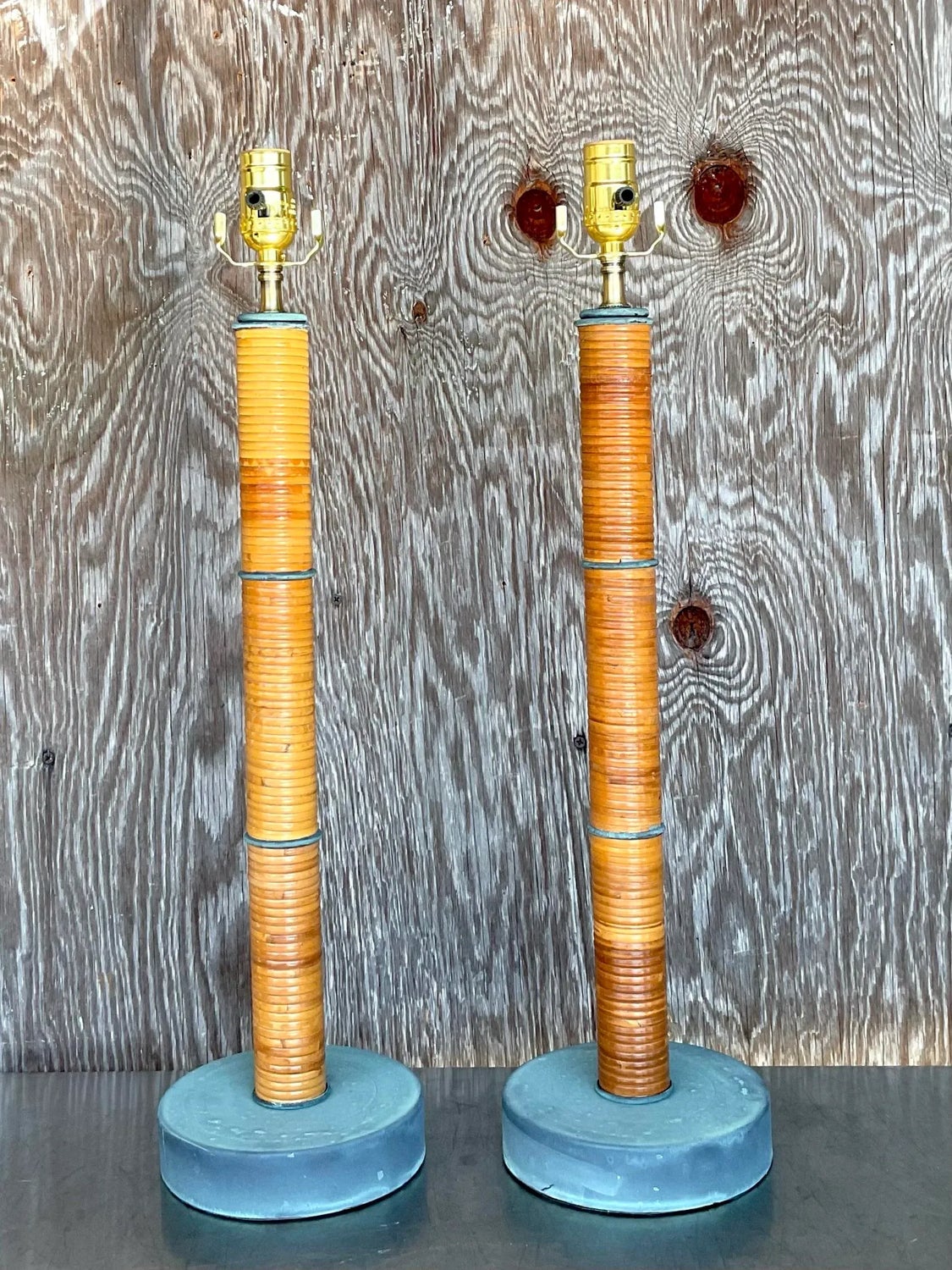 Vintage Coastal Wrapped Pencil Reed Column Lamps - a Pair - Detail view