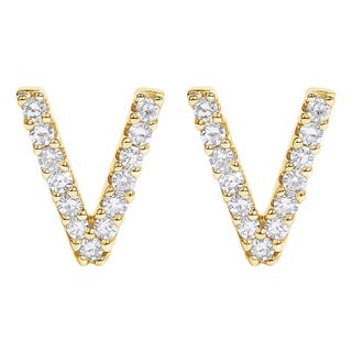 10K Yellow Gold 1/10 Cttw Diamond 'V' Initial Stud Earring For Sale