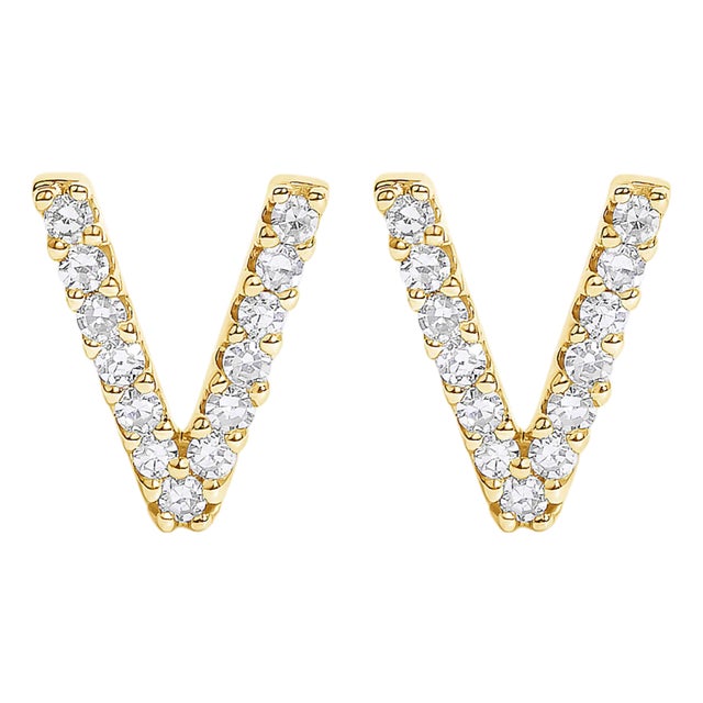 10K Yellow Gold 1/10 Cttw Diamond 'V' Initial Stud Earring For Sale