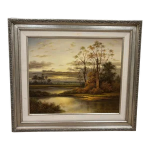 Vintage Framed Landscape Oil Print on Canvas