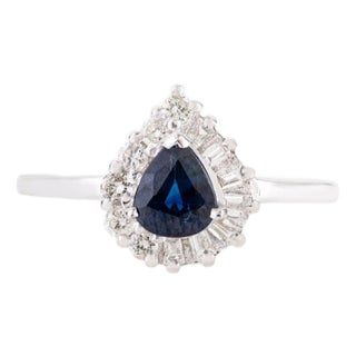 VRJewels Pear Cut Blue Sapphire Diamond Halo Ring Size 5.5 in 14k Solid Gold For Sale
