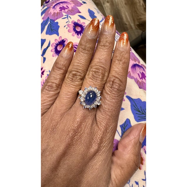 Blue Roshe Jewels Sapphire Ring With Diamonds White Gold Cocktail Ring, 5.20 Carats,, Size 7 For Sale - Image 8 of 9