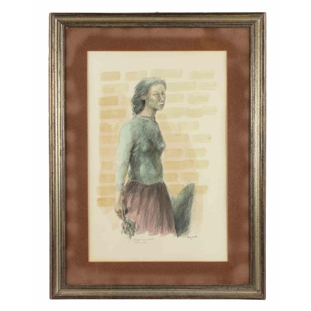Female figure is an original modern artwork realizd by Domenico Purificato. Hand watercolored monotype lithograph. Hand...