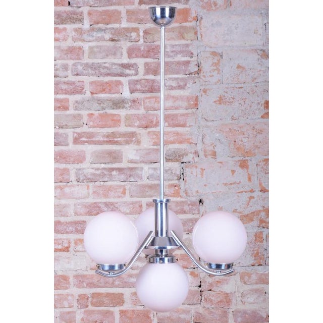 Art Deco Chandelier in Chrome-Plated Steel and Opal Glass, Czech, 1920s For Sale - Image 3 of 14