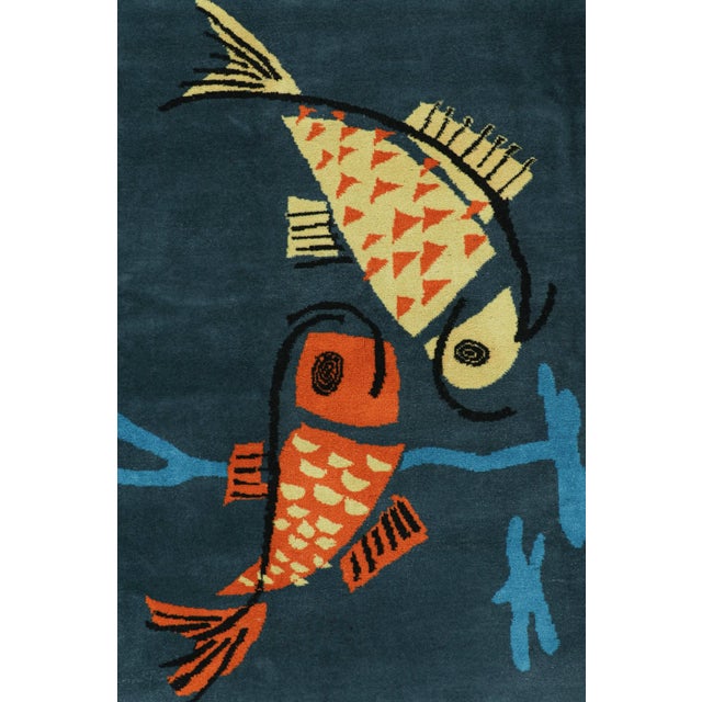Traditional Vintage Zeki Müren Rug in Navy Blue With Fish Pictorials | Rug & Kilim For Sale - Image 3 of 7