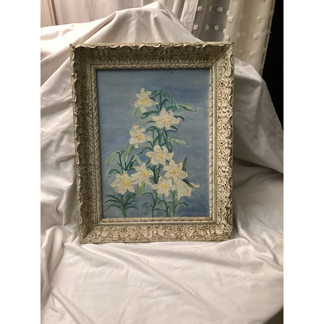 Celebrate the elegance of spring with the stunning vintage oil, painting of Easter lilies in full bloom. The artist use of...