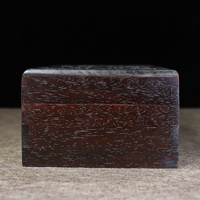 Dark Hardwood Relief-Carved Box, Bat, Double Coin & Peach Motifs, "Fu Shou Ru Yi" Treasure Chest For Sale - Image 9 of 9