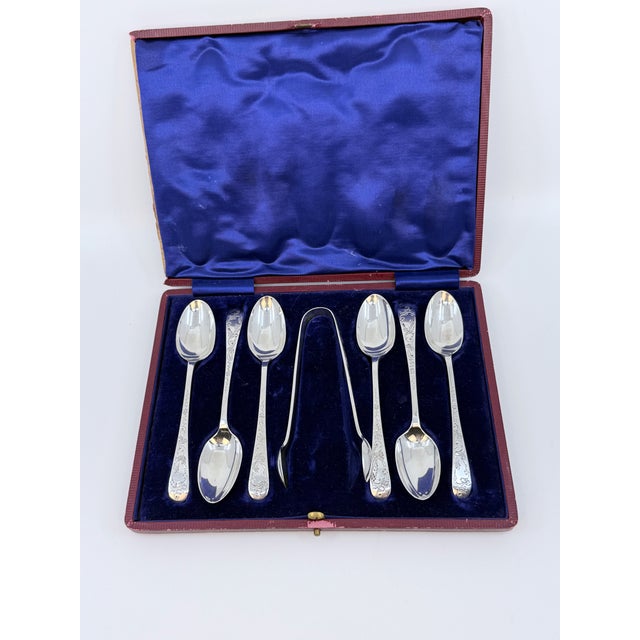Antique John Round and Sons Sterling Silver Coffee Spoons and Sugar Tongs w/ Case Circa 1905 - Set of Six For Sale - Image 11 of 16