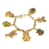 Rare Luna Felix Enamel & Gemstone 22k 18k Gold 7 Frog Charms Chain Bracelet For Sale