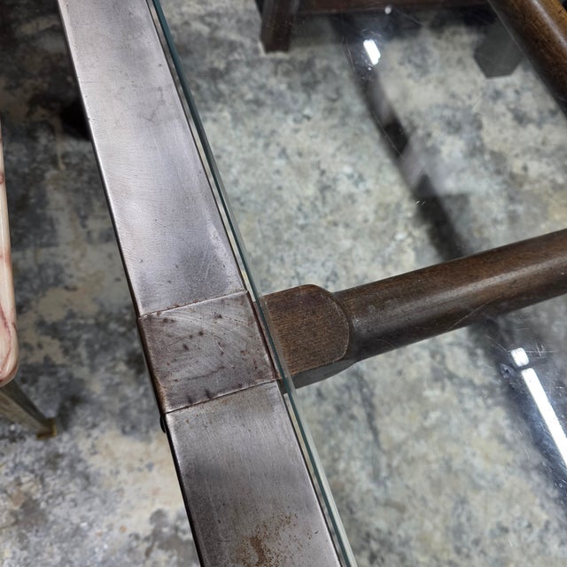 Mid 20th Century Hollywood Regency Brushed Metal With Brass Accents and Glass Top on Wood Grid Coffee Table For Sale - Image 4 of 7