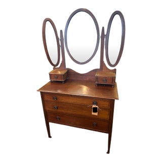 Antique Inlaid Dresser With Triple Mirror For Sale