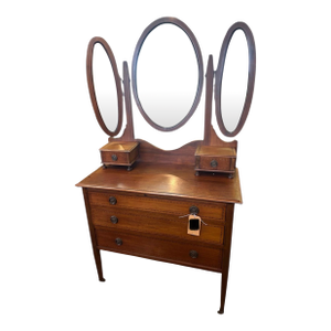 Antique Inlaid Dresser With Triple Mirror