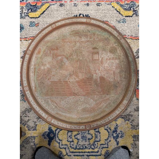 Sculpture Materials Antique Middle Eastern Engraved Copper Tray With Figural Court Scene & Calligraphy – Large Round Wall Art For Sale - Image 7 of 7
