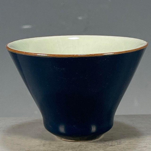 Chinoiserie Vintage Chinoiserie Monochrome Blue Glazed Porcelain Teacup – Celadon Interior, Gilded Rim For Sale - Image 3 of 9