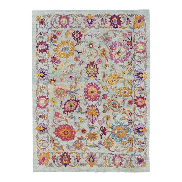 Modern Oushak Handmade Multicolor Floral Pattern Oversize Blue Wool Rug For Sale