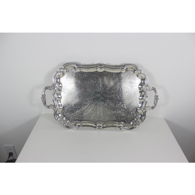 Extra Large Butler’s Tray Silver Plated Rectangular Platter Vintage Plate Ornate Floral Handles Embossed Acanthus Leaf Serving For Sale - Image 14 of 17