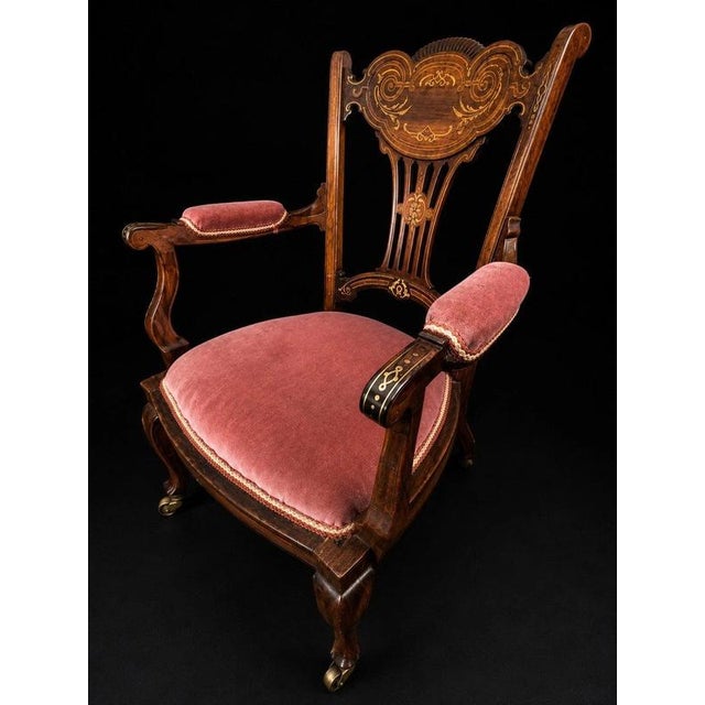 Early 20th Century Edwardian Mahogany & Satinwood Inlaid Armchair with Castors, 1905 For Sale - Image 5 of 9