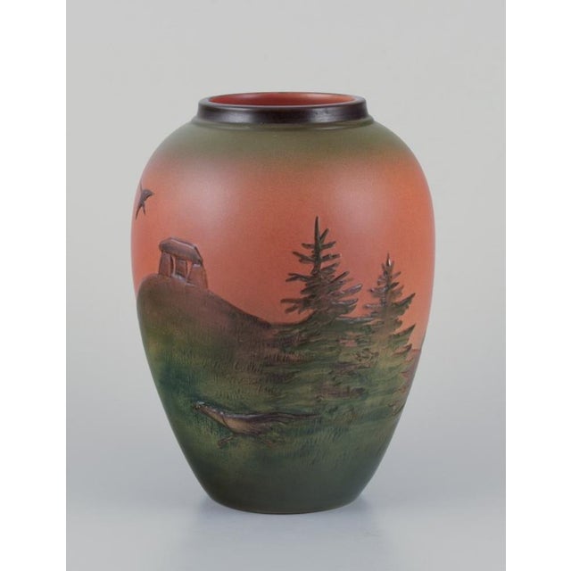Black Vase in Glazed Ceramic with Hand-Painted Landscape from Ipsens, Denmark, 1920s For Sale - Image 8 of 8