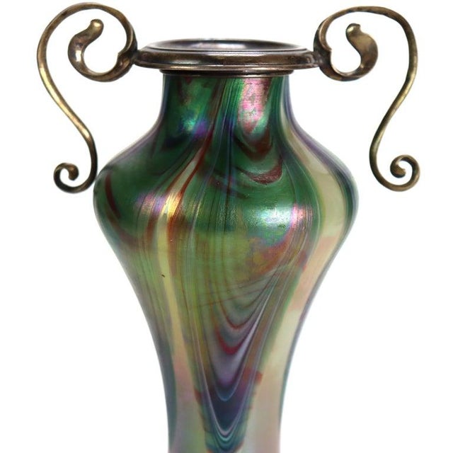 Antique Rindskopf attr. Art Nouveau Pulled Feather Glass Vase With Scroll Form Sterling Silver Handles & Rim Unsigned...