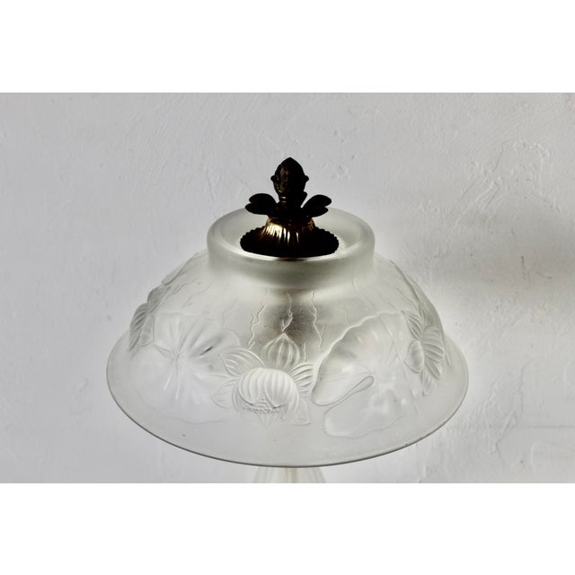 Vintage Lalique Style Art Nouveau Frosted Glass Lamp Floral Relief For Sale - Image 10 of 13