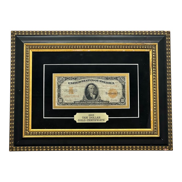 Authentic Beautifully Museum Framed 1922 United States Currency $10 Dollar Bill - Gold Certificate For Sale