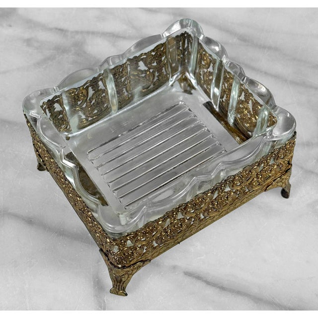 Gold Vintage Rococo Gold Filigree & Scalloped Glass Vanity Trinket Box For Sale - Image 8 of 10
