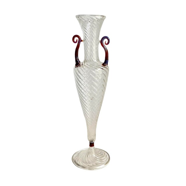 Vintage Venetian Glass Vase Hand Blown Art Glass Calcedonio Handle Clear Swirl Attributed to Murano Glass For Sale - Image 13 of 13