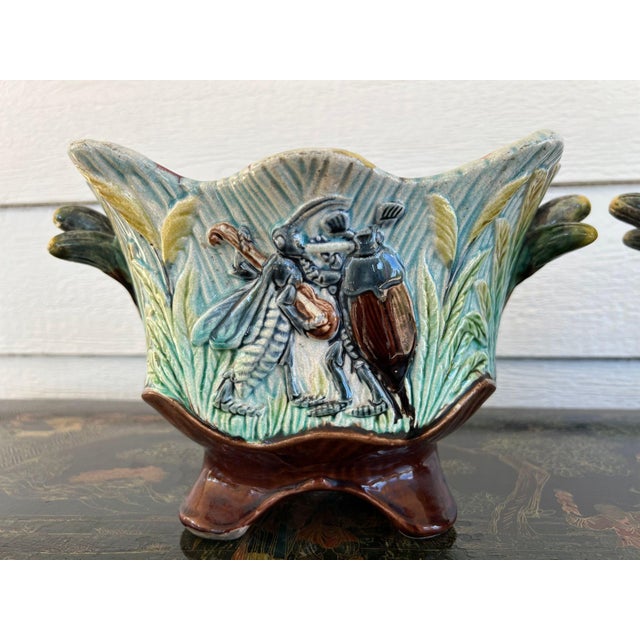 Pair Antique French Majolica Jardinières Insect Musician Cache Pot Planter C1880 For Sale - Image 10 of 18