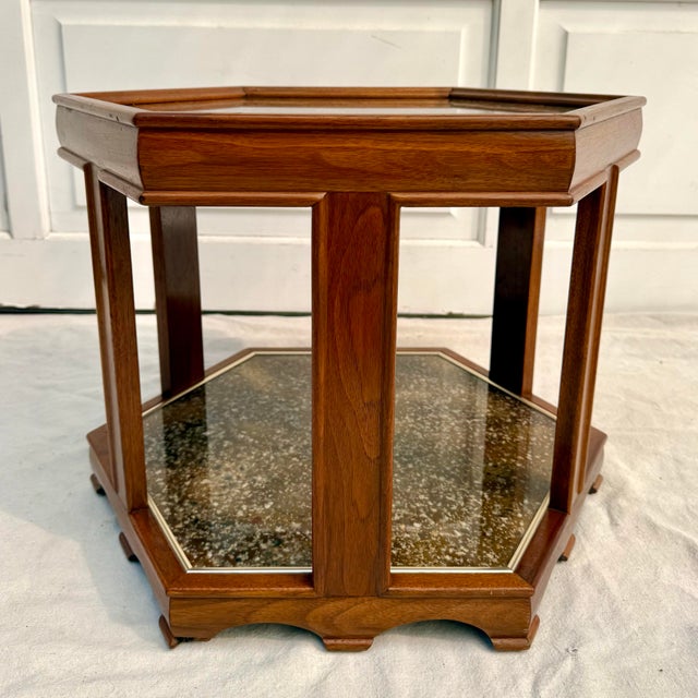 1970s John Keal for Brown Saltman Two-Tier Hexagonal Side Table With Stone Inset For Sale - Image 11 of 11