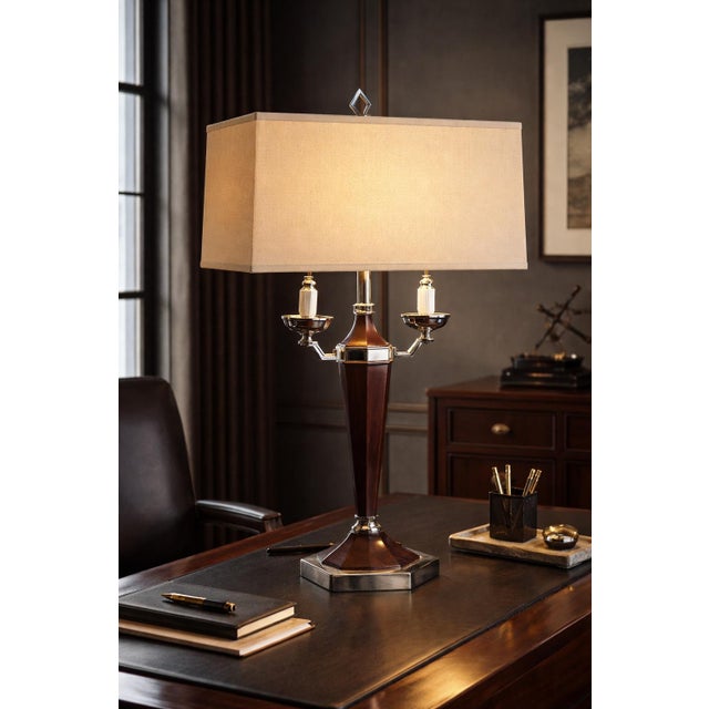 Architectural. Tailored. Distinctly Deco. This late 20th century Art Deco Revival table lamp features a tapered walnut-...