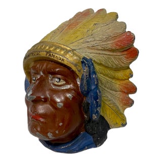 Rare Antique Native American Indian Chief Montreal White Metal Still Coin Bank For Sale