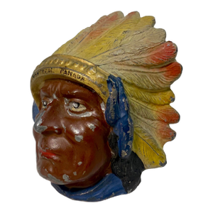 Rare Antique Native American Indian Chief Montreal White Metal Still Coin Bank