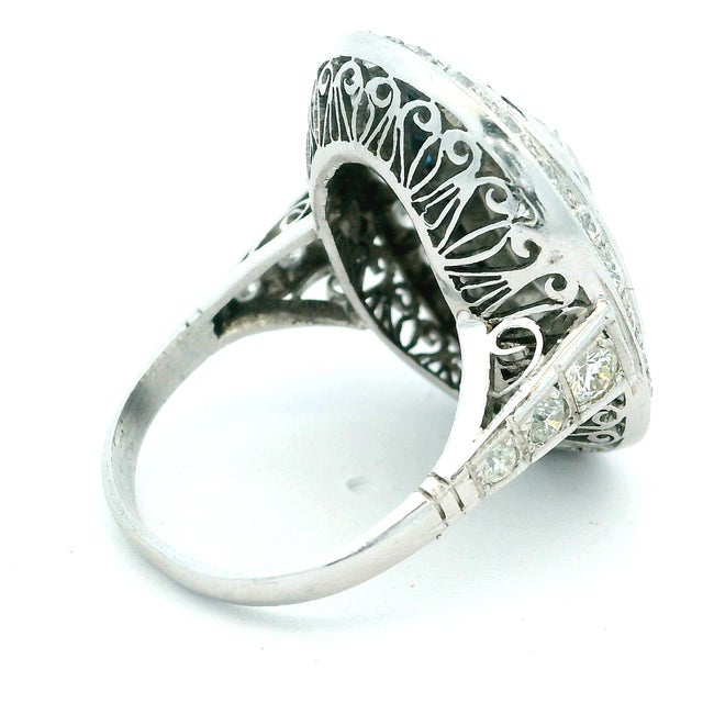 Gemstone Art Deco Platinum Diamond and Calibré Sapphire Navette Ring, Circa 1920, Size 6 For Sale - Image 7 of 12